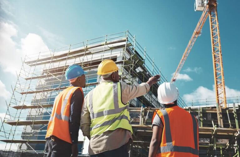 Three construction workers standing discussing a current build on a construction site 