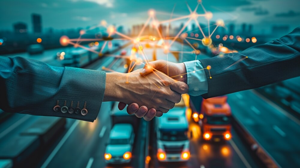 Concept image - two businessmen shaking hands with connection graphic behind.