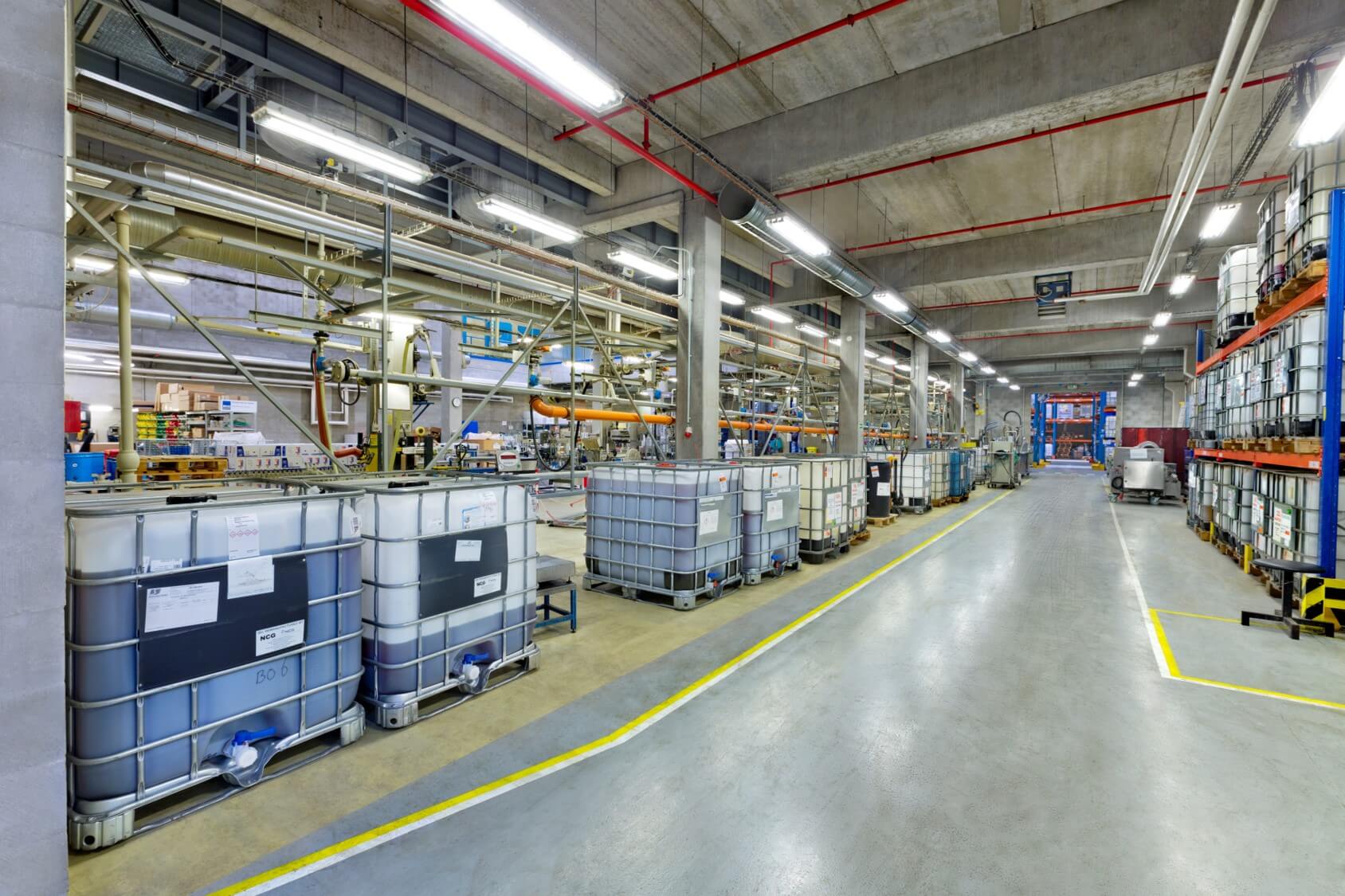 Inside NCH manufacturing plant. Image shows bulk product waiting to be shipped to customers.
