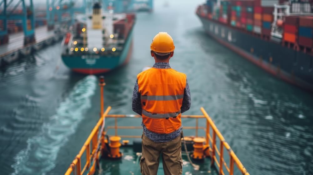Maritime worker stood with back to the cm
