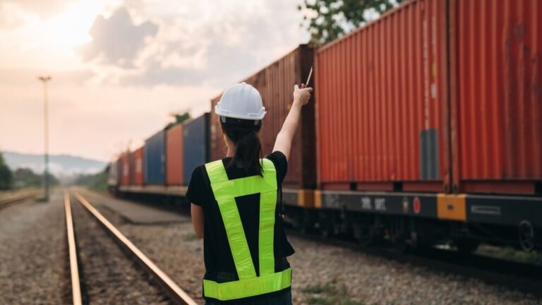 Rail worker next to a freight train on a railway line.