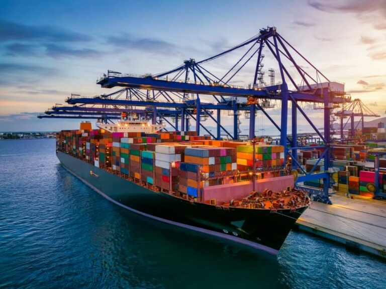 Cargo ship and gantry cranes in maritime industry.