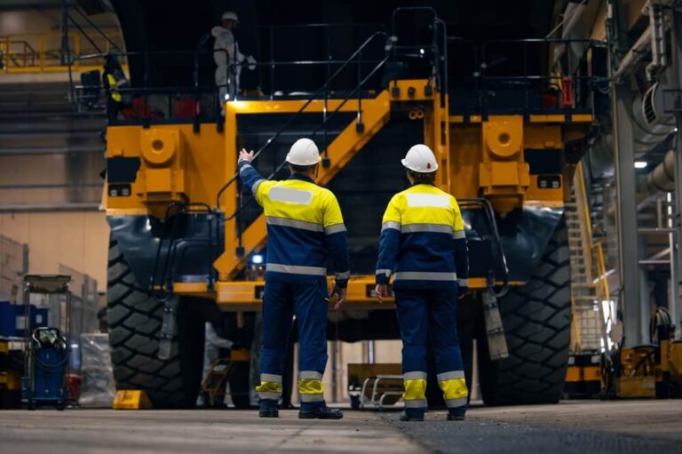 Two mining or quarry workers maintaining mining machinery