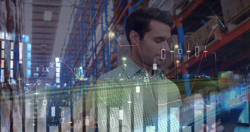 Concept image. Statistical data processing against male supervisor checking stock at industrial warehouse.