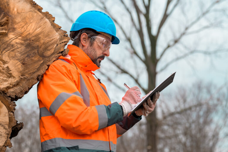 Man wearing orange safety jacket and blue hard hat leaning against a cut down tree whilst writing on a pad of paper.