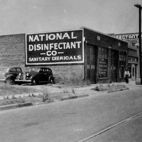 Image shows National Disinfectant building in the 1940s in the US.